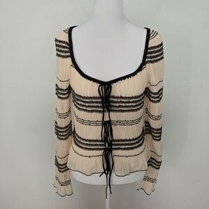 Forever 21 cream and black striped sheer long sleeve ruffle top NWT